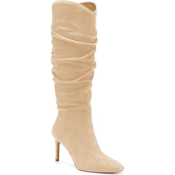 Womens Light Khaki Knee High Almond Toe Side Zipper Stiletto Heel Booties - Picture 1 of 6